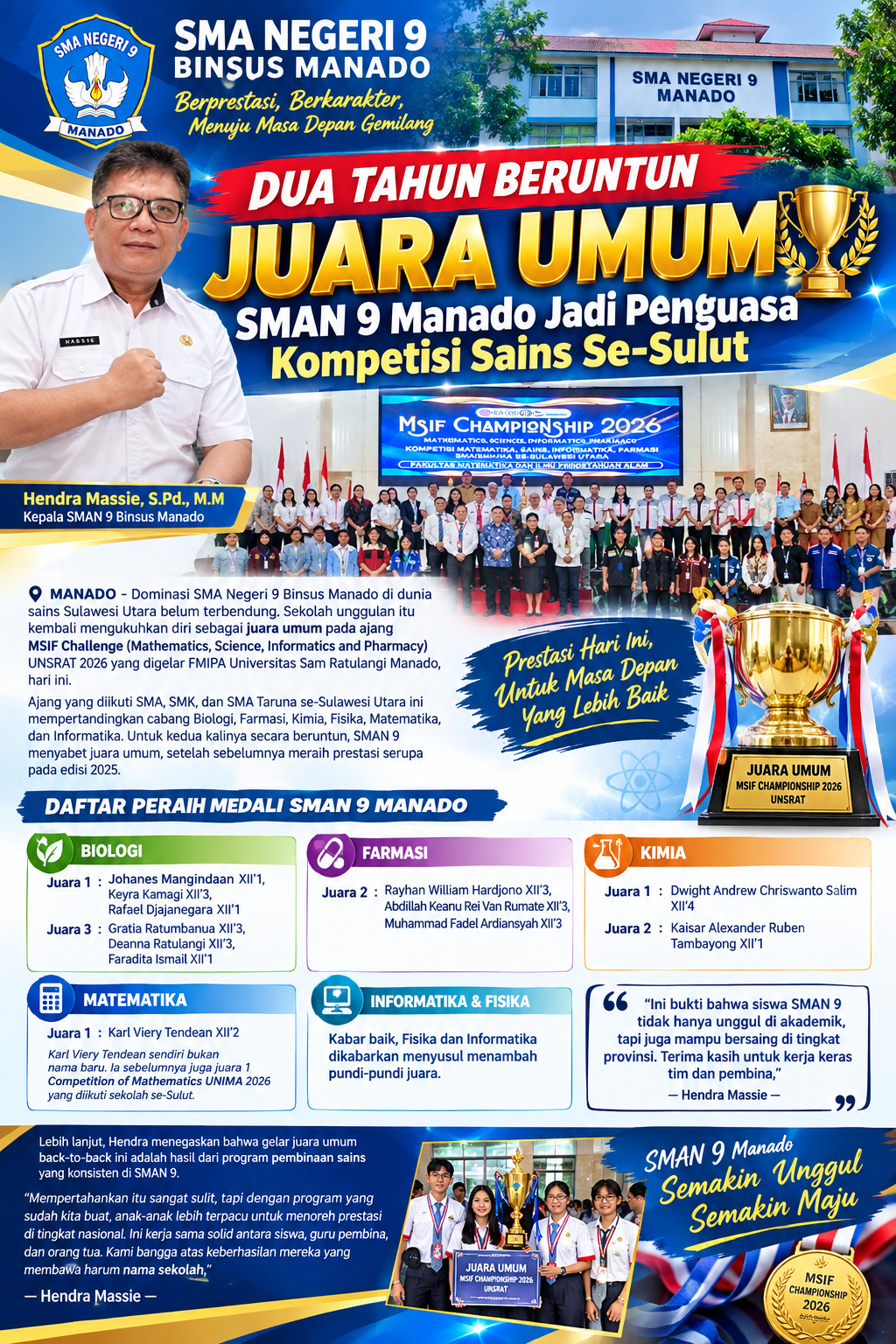 Dua Tahun Beruntun Juara Umum, SMAN 9 Manado Jadi Penguasa Kompetisi Sains Se-Sulut